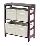 IMAGE OF 5 PIECE SET: Espresso Finish Storage Shelf w/ 4 Beige Fabric Baskets