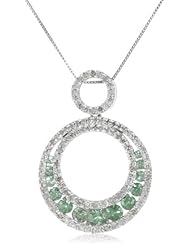 10k White Gold Green Sapphire and Diamond Round Pendant Necklace, 18"