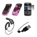 Premium Black On Purple Hearts Design Snap-On Cover Hard Case Cell Phone Protector + Crystal Clear LCD Screen Protector + Rapid Car Charger + USB Data Charge Sync Cable for BlackBerry Bold 9700 [Accessory Export Packaging]