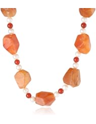 Freeform Marble Red Agate 6-6.5mm White Freshwater Cultured Pearl Accented with Sterling Silver Ball Clasp Necklace, 18"