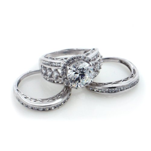 Victoria Wieck Rhodium Plated Sterling Silver Absolute Wedding Ring or Band 3 Piece Set (Size 7,8,9,10)