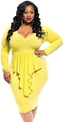 Womens Sexy Plus Size V neck Low Cut Pleated Bodycon Top Skirt Bandage Club Dress (XL, yellow)