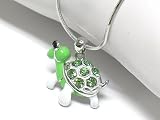 Adorable Green & White Enamel & Austrian Crystal Turtle Charm Necklace Silver Tone