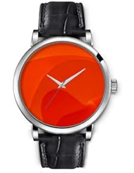 SPRAWL Aanalog Fashion Series Silver Ladies Watches of Genuine Black Leather Strap,Unique Wrist Watch for Women Girls Designed with orange waves