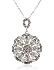 Sterling Silver, Marcasite, and Clear Crystal Flower Pendant Necklace, 18"