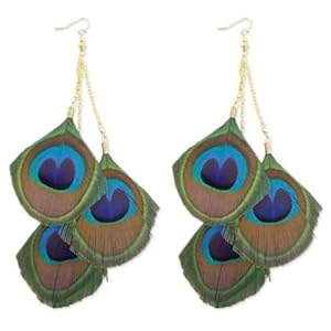 ZAD Awesome 3 Large Peacock Feathers Dangle Chandelier Dangle Earrings Gold Tone