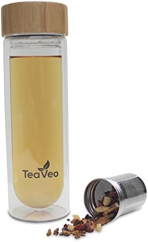 TeaVeo Bamboo Tea Tumbler Insulated Double Walled Glass Bottle for Loose Leaf Tea and Fruit Infusion. Protective Neoprene Case and 2 Piece Stainless Steel Strainer