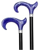 Walking cane-Titanic blue right handle. This walking stick cane is unisex. This walking aid has a derby ergonomic blue acrylic handle. This wooden cane has a weight capacity of 250 pounds. This Custom cane has a 36 inch long shaft