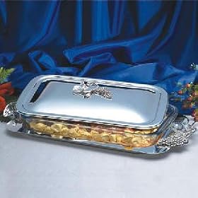 COVERED CASSEROLE - RECTANGULAR GRAPE DESIGN COVERED CASSEROLE ON TRAY - silver casserole by Jaf Gifts