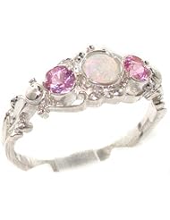 925 Solid Sterling Silver Natural Fiery Opal & Pink Tourmaline English Georgian style Trilogy Ring - Finger Sizes 4 to 12 Available