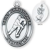 Sterling Silver Saint Christopher Mens-Boys Hockey Medal and 24-inch Chain