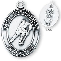 Sterling Silver Saint Christopher Mens-Boys Hockey Medal and 24-inch Chain