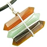 Life Power Silver Triple Lucky Amulet Crystal Point Wands Carnelian, Aventurine, Tiger Eye Pendant Necklace