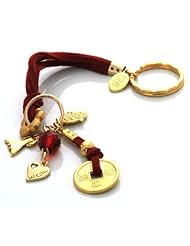 Red Leather Feng Shui with Gold Plated Hamsa & Heart Charms Key Chain