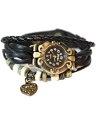 Black Leather Antique Gold Bronze Heart with Wood Beads Bohemian Bracelet wrist watch 7" to 8 1/4"