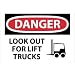 NMC D582PB OSHA Sign, Legend "DANGER - LOOK OUT FOR LIFT TRUCKS" with Graphic, 14" Length x 10" Height, Pressure Sensitive Vinyl, Black/Red on White
