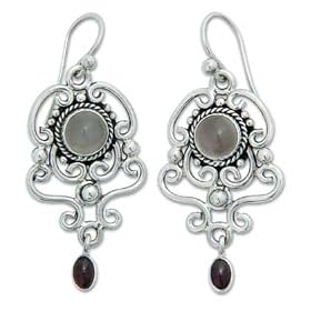 Moonstone and garnet earrings, 'Spirit Chandelier' 1 W 2 L by Moonstone Birthstones