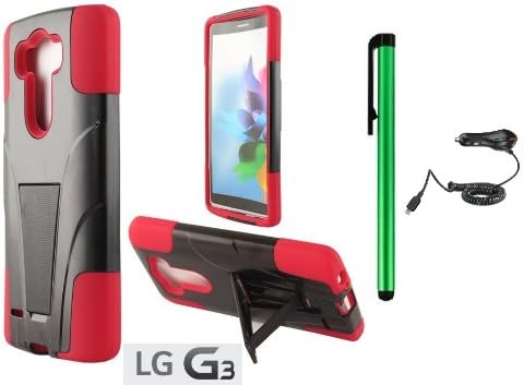 LG G3 Premium T-Stand / Side-Stand Hybrid Holster Design Protector Hard Cover Case (For 2014 LG New Flagship Android Phone) + Car Charger + 1 of New Assorted Color Metal Stylus Touch Screen Pen (RED / BLACK)