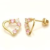14K Yellow Gold Heart Shaped Cubic Zirconia Stud Earring With Screw Back For Kids And Teens