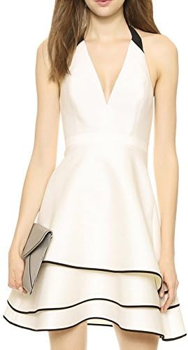 Fecland Women's Sexy V Neck Pleated Three Layers Purfle Halterneck Dress White XXL