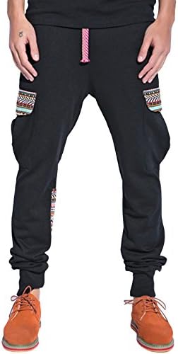 OUSHU Men's Cotton National Prints Slim Harem pants Sport Sweatpants 3XL Black