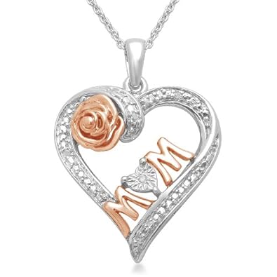 18K Rose Gold Plated Sterling Silver Diamond Heart MOM Pendant Necklace (0.01 cttw, I-J Color, I3 Clarity), 18″ $39.00