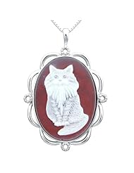 Sterling Silver Red Agate Cat Cameo Pendant Necklace, 18"