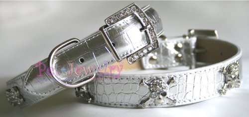 Dog Collar and Leash Set - 18-inch Swarovski Crystal Skull Dog Collars & leash set (silver)