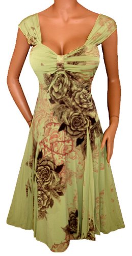FUNFASH SAGE GREEN FLORAL SUBLIMATION EMPIRE WAIST SLIMMING COCKTAIL DRESS NEW Plus Size Made in USA