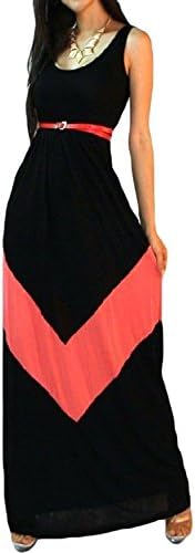 Womens Casual Chevron Print Sleeveless Maxi Dress with Belt