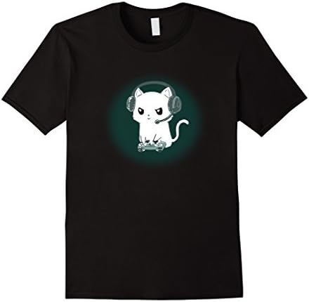 Men's Gaming Cat with Controller and Headphones T-Shirt Medium Black