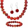 Sterling Silver Murano Glass Red Beaded Millefiori Bracelet Earrings and Necklace Jewelry Set