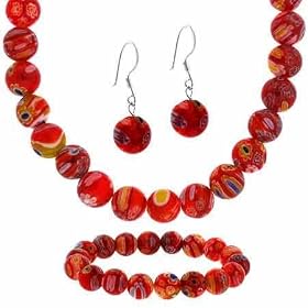 Sterling Silver Murano Glass Red Beaded Millefiori Bracelet Earrings and Necklace Jewelry Set