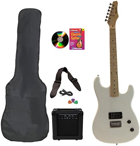 White Full Size Electric Guitar &amp; Practice Amp with Case Strap Cord Beginner Package &amp; DVD