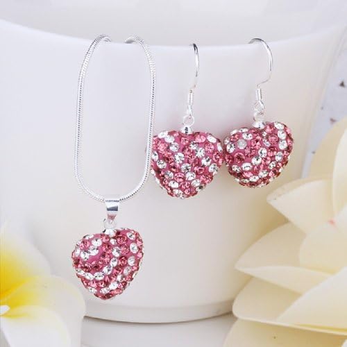CY-Buity Shambhala Style Lovely Double Colors Heart Shape Crystal Pendant Necklace Earring Jewelry Set For Girls White/Rose
