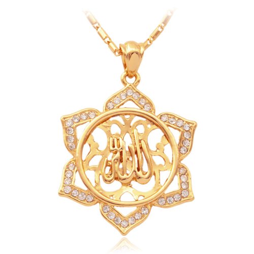 Muslimah Allah Gold Tone Rhinestones Pendant Necklace