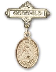 14K Gold Baby Badge with St. Bede the Venerable Charm and Godchild Badge Pin