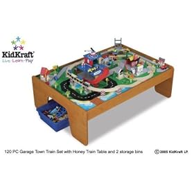KidKraft Honey Train Table with 2 bins & 120 Pc. Garage Town Train Set 17901