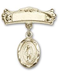 Gold Filled Baby Badge with Miraculous Charm and Arched Polished Badge Pin