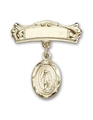 14K Gold Baby Badge with Miraculous Charm and Arched Polished Badge Pin