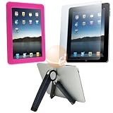 Stand Adjustable Holder + Hot Pink Silicone Skin Case + Clear Screen Protector for Apple iPad 16GB / 32GB / 64GB