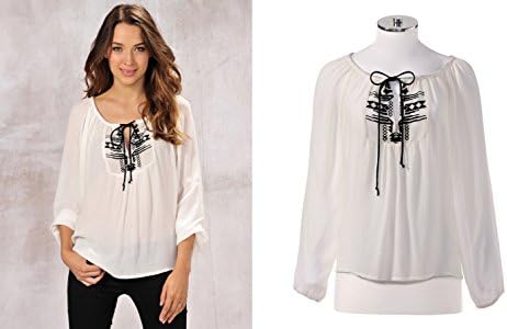 Charlie Paige Viscose Tunic Blouse Tribal Southwestern Design Tie Front Cream (L/XL)