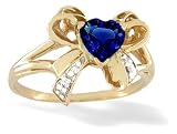 14K Yellow Gold Heart Created Sapphire and Diamond Bow Ring