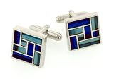 Silver plated cufflinks with blue stained glass window accents with presentation box
