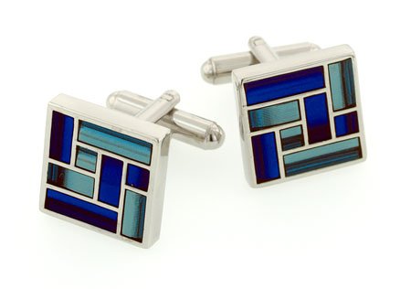 Silver plated cufflinks with blue stained glass window accents with presentation box