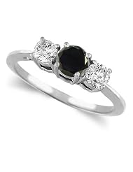 14k White Gold Round 3 Stone Black Diamond & White Diamond Engagement Ring (1... by 