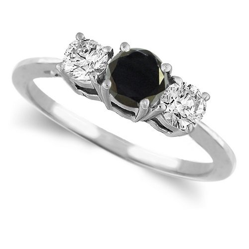 14K White Gold Round 3 Stone Black Diamond & White Diamond Engagement Ring (1/4 ctw)