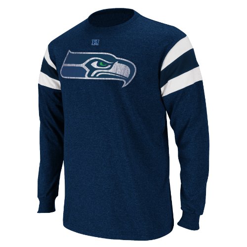 NFL Men's Seattle Seahawks End Of Line III Long Sleeve Crew Neck Overdyed Tee (Navy Heather/White, Small)