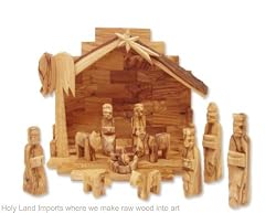 Olive Wood Nativity Set with Rustic Stable (Bark Roof)