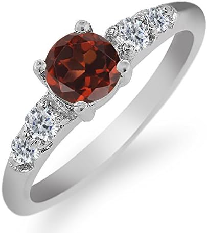 0.79 Ct Round Red Garnet White Diamond 925 Sterling Silver Ring